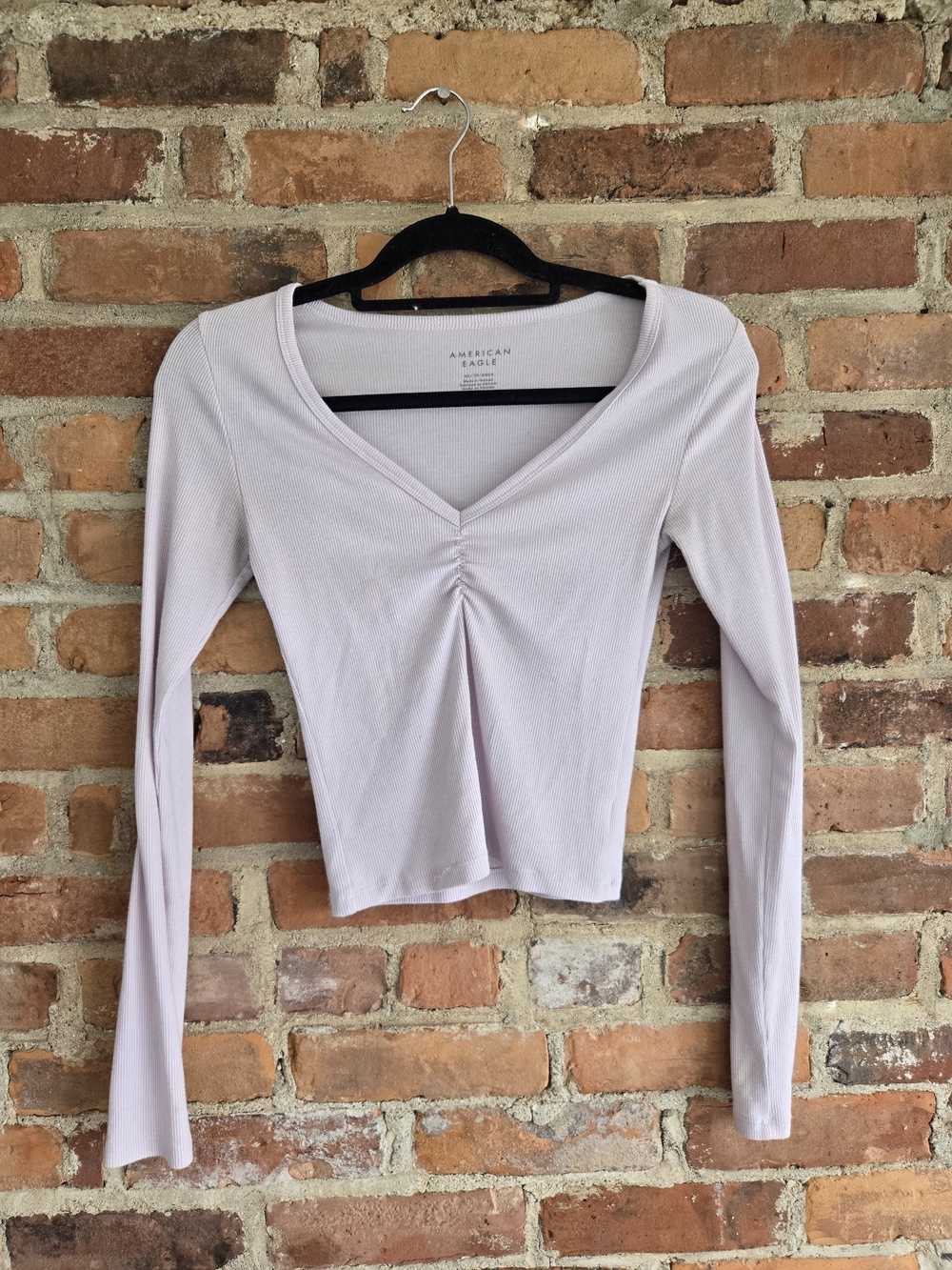 American Eagle Outfitters Light Lavender Ribbed V-Neck Long Sleeve Top